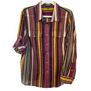 Lauren Ralph Lauren Size 1X Multi Stripe Button Down Shirt Roll Tab Sleeve